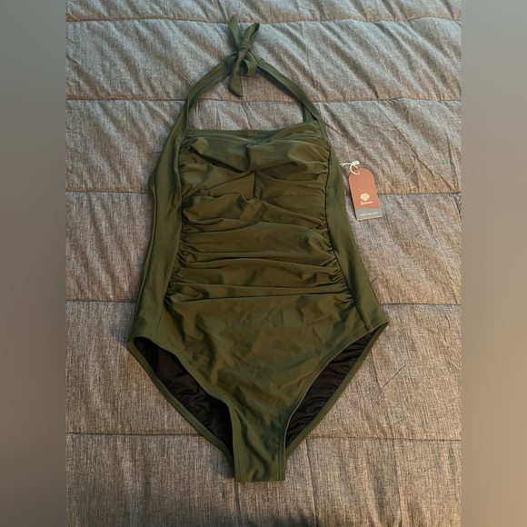 Smismivo Women's Tummy Control Swimwear Halter One Piece Slimming Olive Size S - Picture 4 of 6